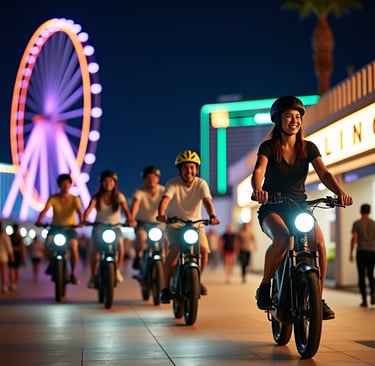a family riding bikes at night 