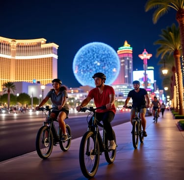 a group of people riding bikes on the sidewalk