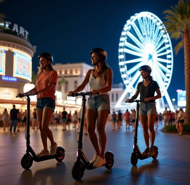 three girls on scooters in front of a ferris wheel