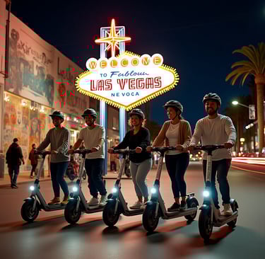 a group of people riding scooters in front of a sign that says vegas