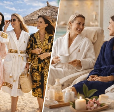 Women enjoying a seaside and pool break wearing lightweight beachrobes.