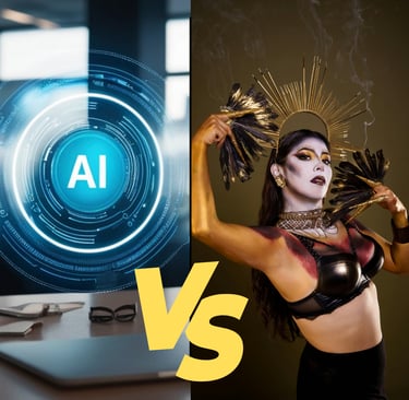 Split screen showing a glowing digital AI interface versus a person in artistic golden makeup and costume.