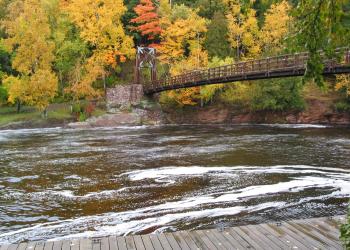 Wooden walking bridge crossing the Black River in Upper Michigan, with flowing water and green trees