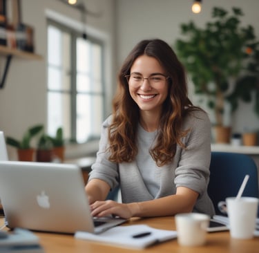 a woman sitting at a table with a laptop computer
