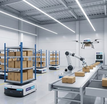 Automated Logistics Warehouse with Robots & Drones for CargoYaan Vision