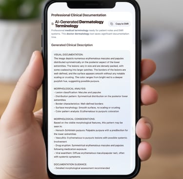 Derm describe app screen showing a complex interpretation of a skin lesion suitable for healthcare