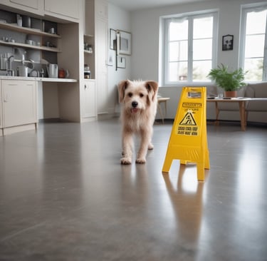 A professional cleaning team working on a large window in a bright room.
