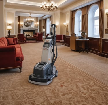 A professional cleaning team working on a large carpet in a spacious room.
