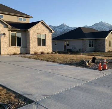 Newly installed concrete driveway in Riverton, Utah, with clean broom finish texture