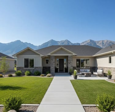 a beautiful modern home in Riverton, Utah with a concrete patio and walkway leading to the house
