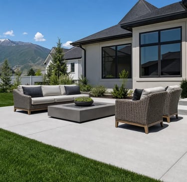 New concrete patio installation in a Riverton, Utah backyard with clean finish, patio furniture, and a well-kept lawn.