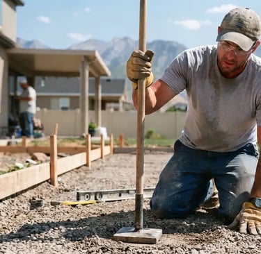 Concrete contractor preparing gravel base and soil compaction before a residential concrete pour in Riverton, Utah