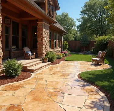a patio with stamped  concrete finishing