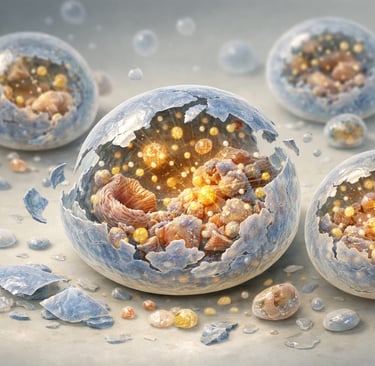 Ilustração microscópica científica mostrando células humanas em processo de autólise