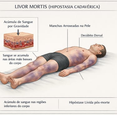 Ilustração médica explicativa do fenômeno livor mortis