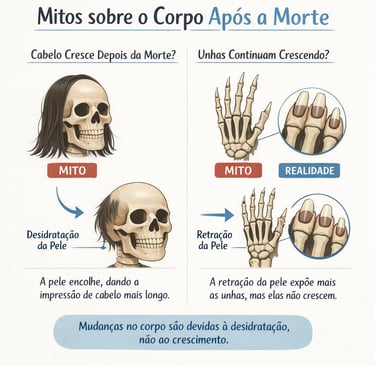 Ilustração conceitual educativa mostrando mitos comuns sobre o corpo após a morte