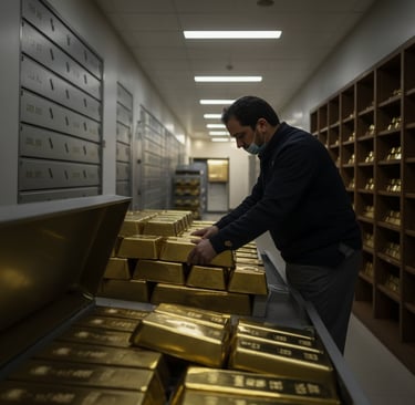 a man in a black jacket sorting gold reserve