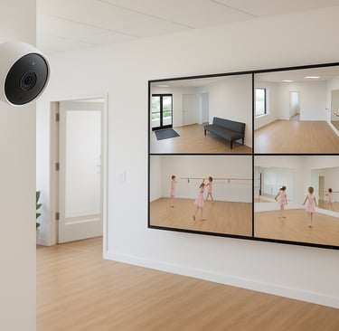 Google Nest cameras monitoring a dance studio lobby