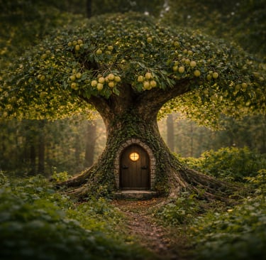 drawing of a shea tree with a fairy door on its trunk