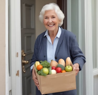 A smiling person receiving a grocery delivery at their doorstep.