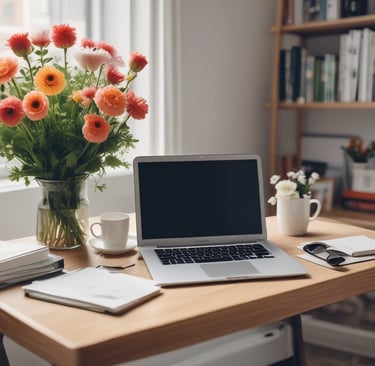 A clean, organized workspace with a laptop and a phone for customer inquiries