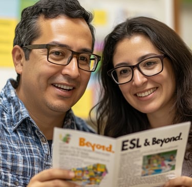 a man and woman are smiling and holding a newsletter called ESL & Beyond