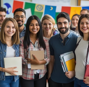 a group of people standing in front of a poster