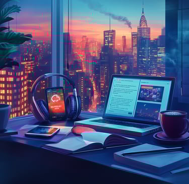 a laptop computer sitting on a desk with a tablet, a cell phone and headphones