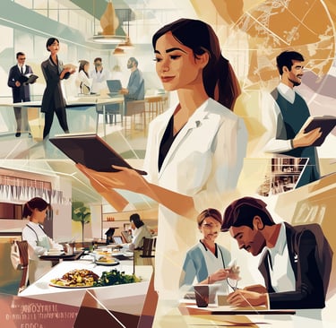 a woman in a white lab coat and a man in a suit