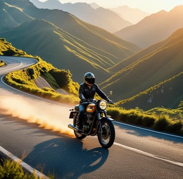 A vibrant panoramic photograph of a winding mountain road, bathed in the golden light of sunset, with a lone motorcycle speed