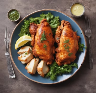 Roasted poultry items, including yellow chickens and brown ducks, are displayed hanging inside a glass case in a food setting. Menu signage and advertisement visuals are visible below the display, with cooking equipment in the background.