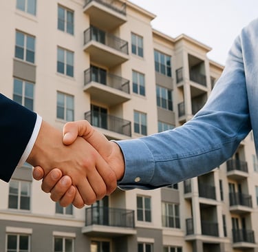 investors shaking hands infront of apartment building
