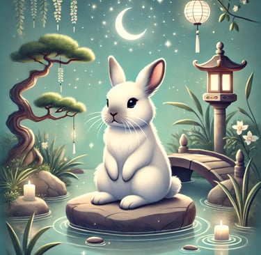 a white rabbit sitting on a rock in a pond