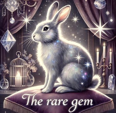 a rabbit sitting on a cushion with a birdcage and candles