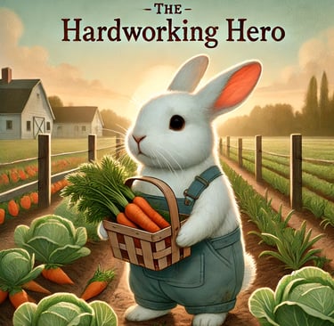 a white rabbit in a field with a basket of carrots