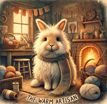 a white rabbit in a room with a fireplace and a cat