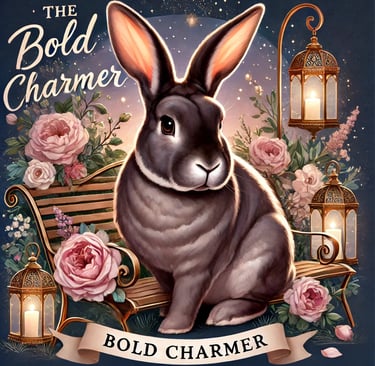 a rabbit sitting on a bench with a lantern and flowers