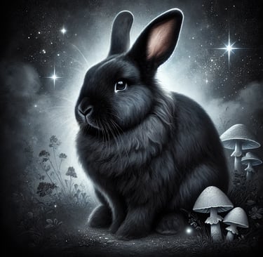 a black rabbit sitting on a field