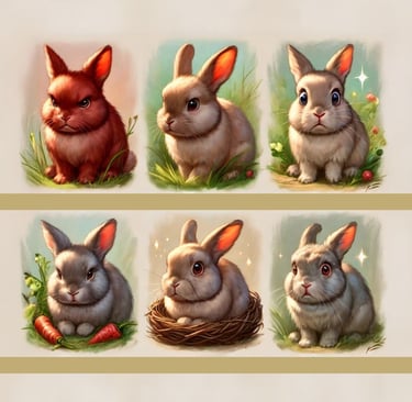 rabbits displaying emotions such as anger, content, sadness, surprise, fear, disgust