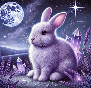 a purple rabbit sitting on a rock