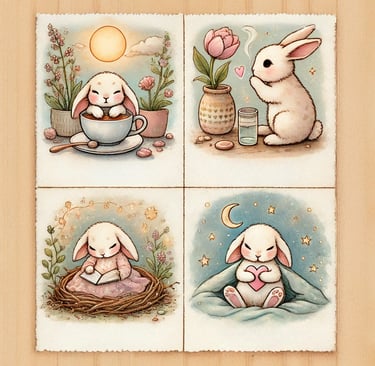 four pictures of a bunny rabbit in daily routine
