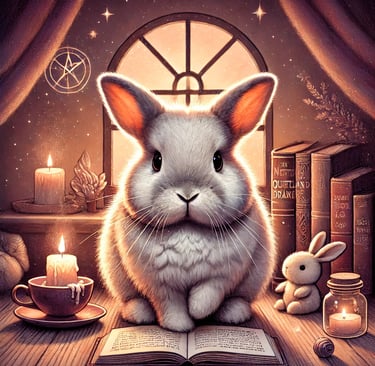 a rabbit sitting on a table with a book 