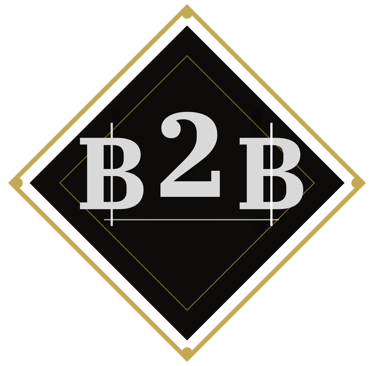Elegant B2B business logo with white serif typography inside a gold-rimmed diamond frame on a black background.