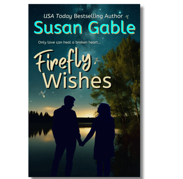 Firefly Wishes Cover - man & woman hold hands, silhoutted against end of sunset over lake, fireflies