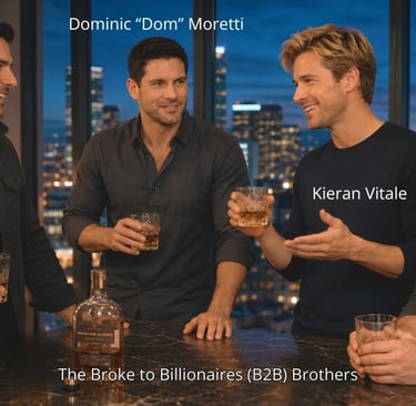 The Broke to Billionaires brothers, drinking whiskey in kitchen, Denver skyline view.