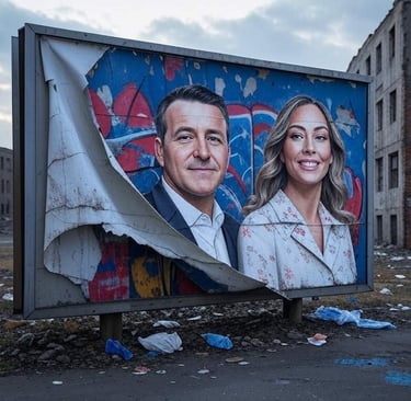 newscast team on billboard that's peeling away in a decayed urban landscape