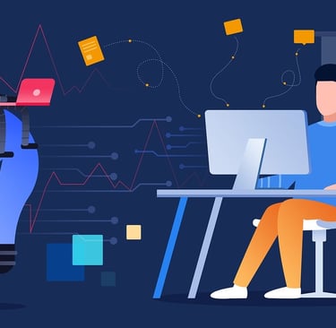 Illustration of man utilizing personal computer at desk