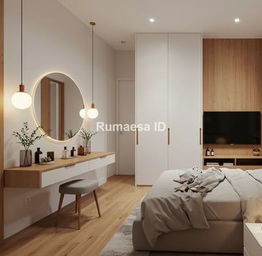 Kamar tidur elegan dengan headboard padded warna nude