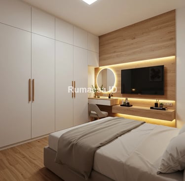 Interior kamar tidur minimalis dengan warna earthy tone