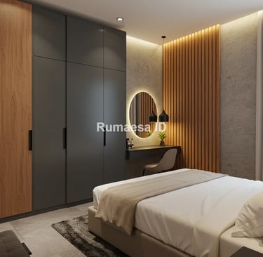Desain kamar tidur dengan lampu gantung artistik dan backdrop kayu
